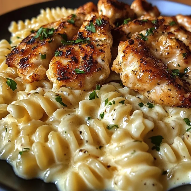 Cheesy Rotini Alfredo with Garlic Chicken Strips