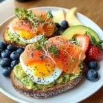 Smoked Salmon & Egg Avocado Toast Plate with Fresh Fruit & Tea
